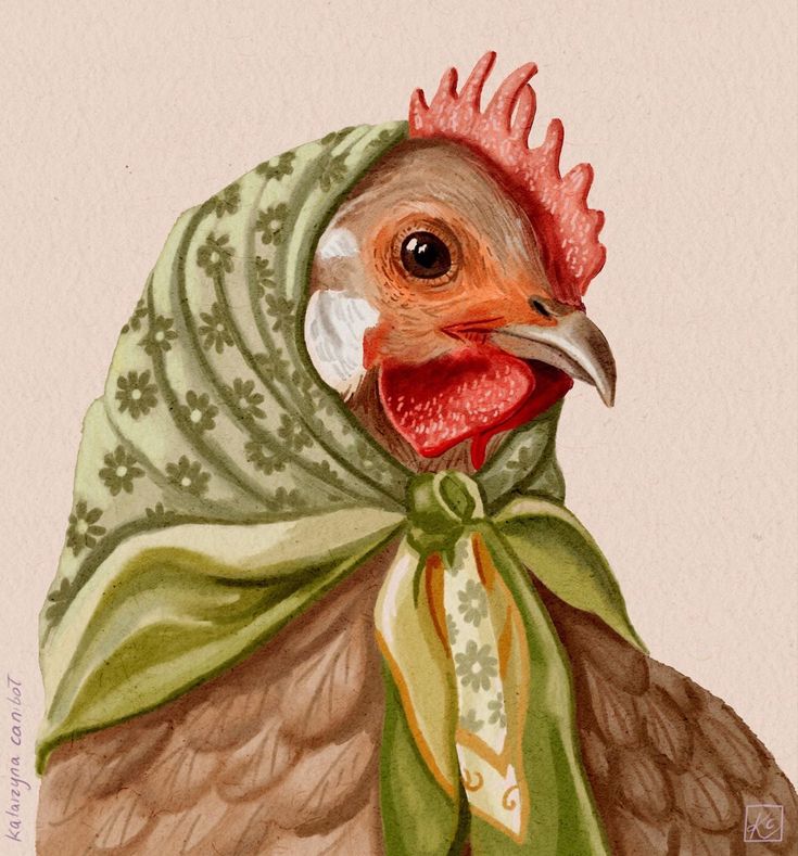 Watercolour portrait of a hen wearing a floral headscarf